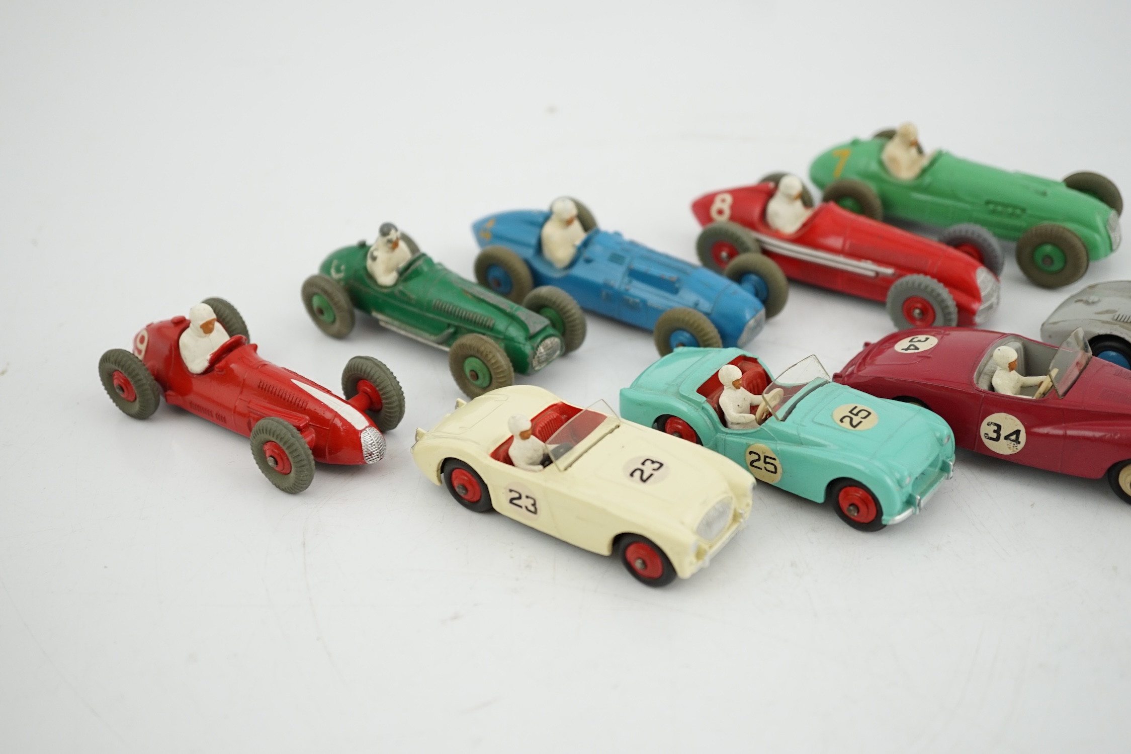 Nine Dinky Toys racing cars, including; Austin Healey, Triumph TR2, Sunbeam Alpine, Aston Martin, HWM, Alfa-Romeo, Talbot Lago, Cooper-Bristol and Maserati